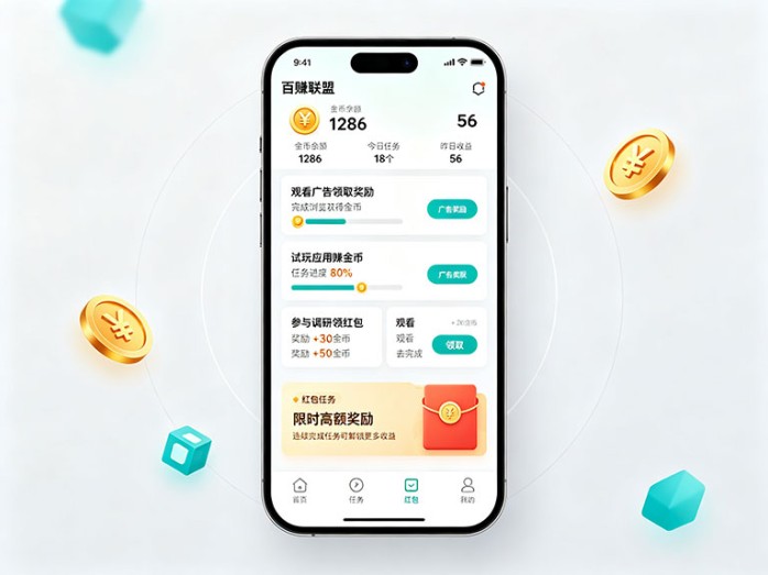 百赚联盟零投入看广告项目,手机完成任务即可获取金币