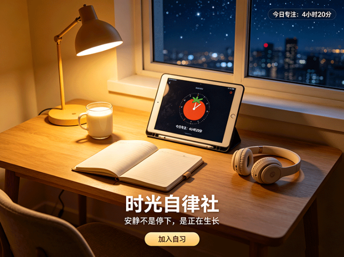 时光自律社:趣味目标打卡与专注番茄钟,新人入驻领专属成长皮肤