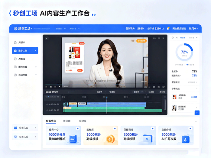 秒创工场,AI做视频加素材任务,创作者积分可换工具额度
