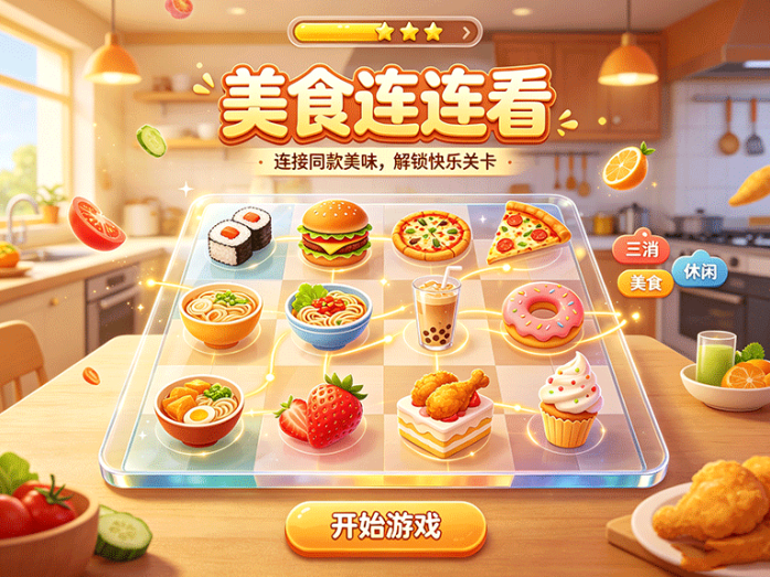 美食连连看消除食材完成订单,连消越多制作速度越快