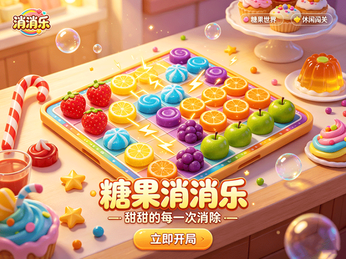 糖果消消乐,三消闯关玩法,特殊方块组合还能清掉整排障碍