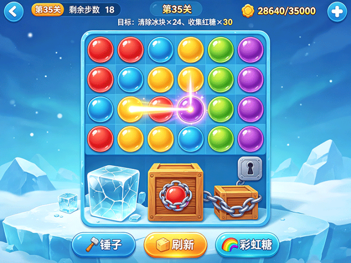 糖果消消乐,三消闯关玩法,特殊方块组合还能清掉整排障碍