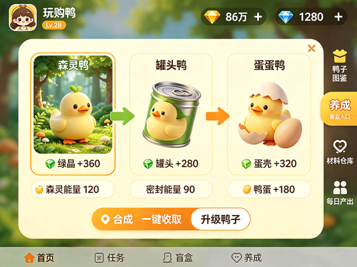 玩购鸭盲盒养鸭玩法开启,三种鸭子对应不同产出