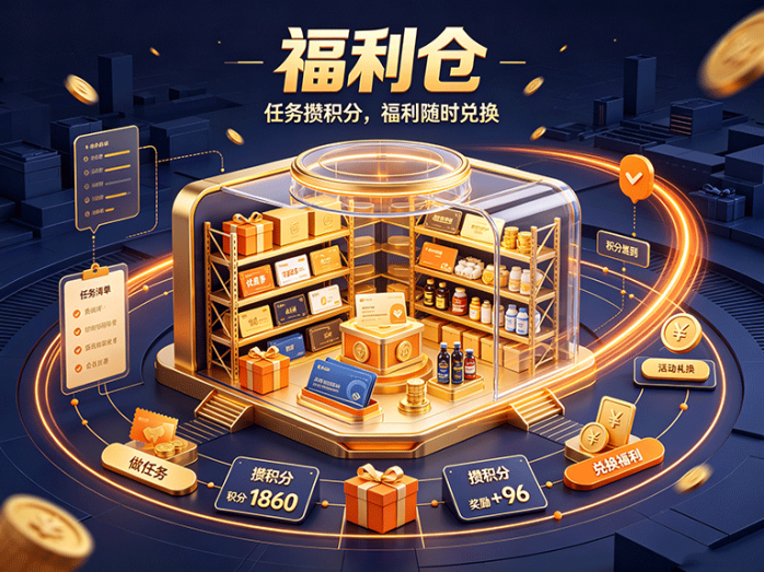 福利仓怎么玩?任务获取积分,积分兑换福利,玩法流程一看就懂