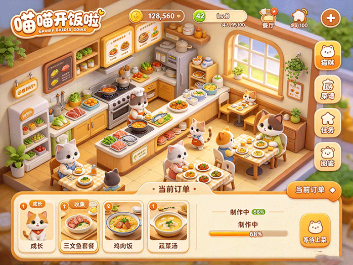 喵喵开饭啦开启小店养成,猫咪培养、美食制作和店铺经营一起玩