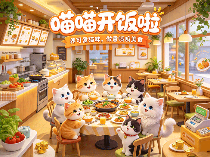 喵喵开饭啦开启小店养成,猫咪培养、美食制作和店铺经营一起玩