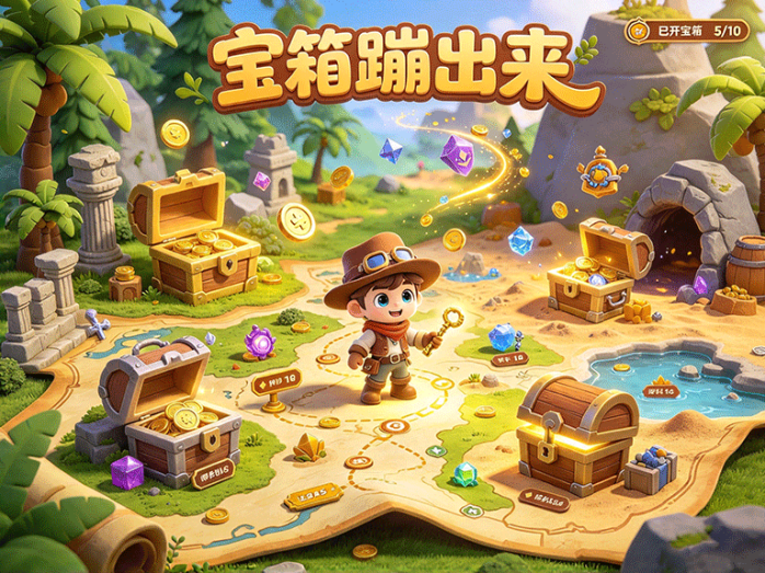 宝箱蹦出来开启寻宝玩法,收集钥匙探索地图,寻找隐藏宝箱