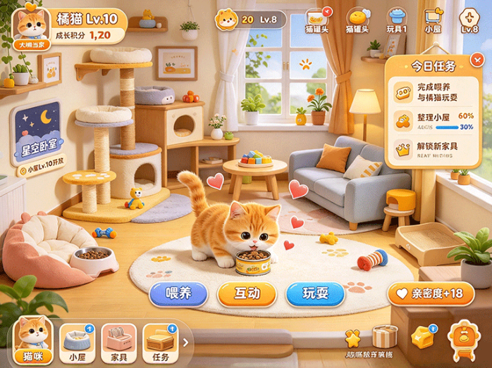 养猫和装修小屋一起玩,大橘当家开启橘猫养成与家园布置玩法!