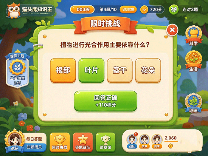 猫头鹰知识王开启答题玩法,闯关拿徽章,还能组队挑战知识关卡