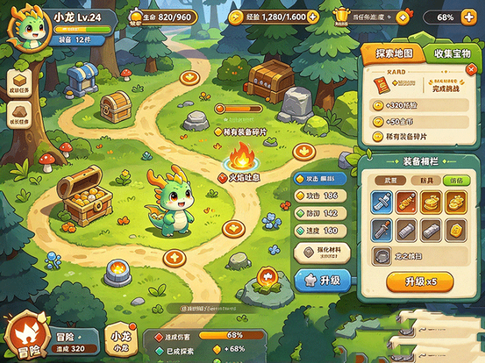 龙龙大冒险新玩法来了!培养小龙挑战未知区域,沿途收集各种装备