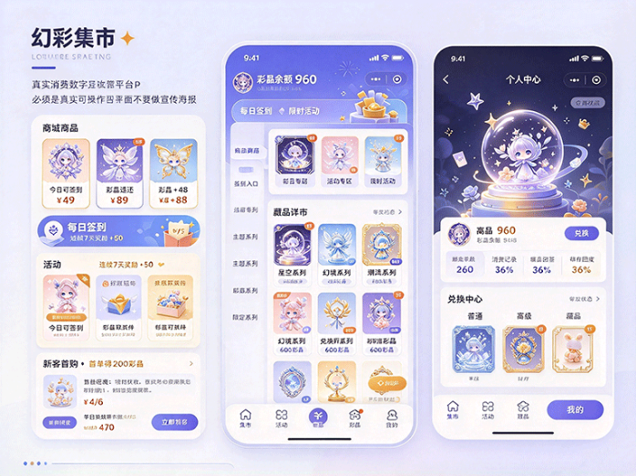 幻彩集市:购物积累彩晶,兑换不同主题数字藏品,慢慢补齐专属收藏