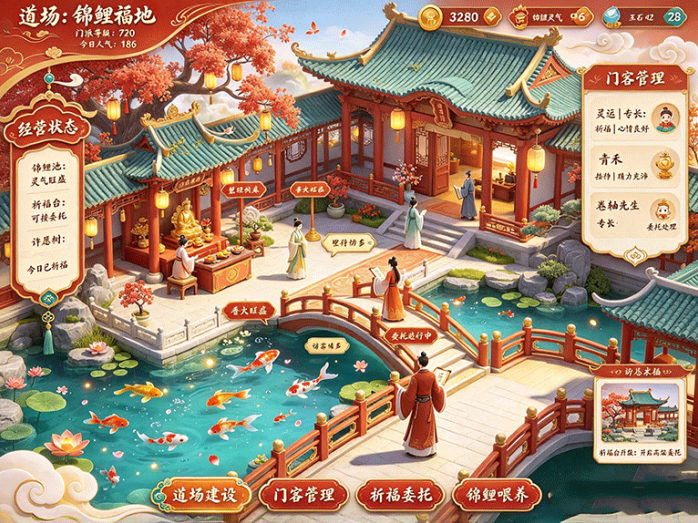 《锦鲤掌门人》开一座福运道场!招募特色门客、布置祈福场景,经营自己的好运门派