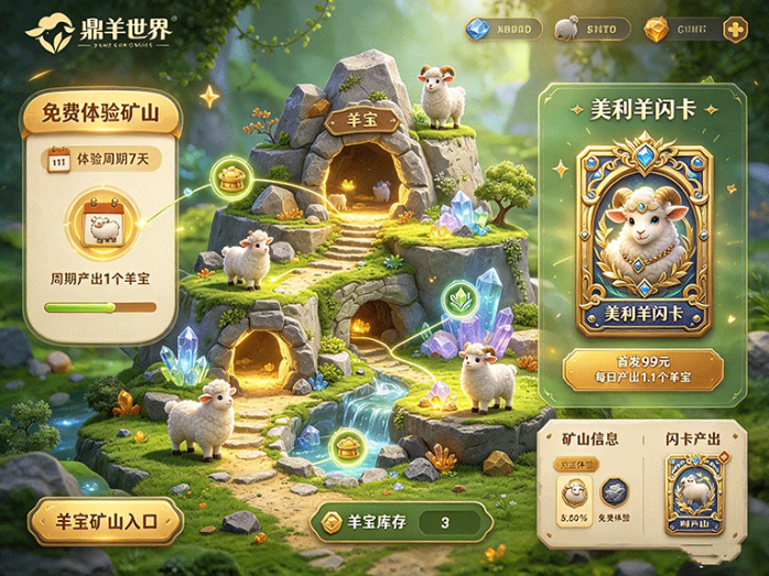 鼎羊世界主打星辉卡盘玩法,免费体验矿山与美利羊闪卡同步开放