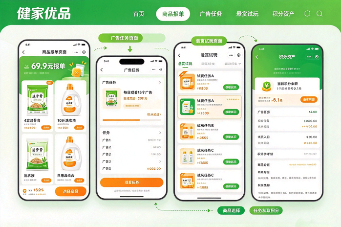 健家优品,69.9米报单选商品,每日看广告领积分!