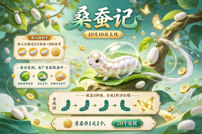 桑蚕记开启养蚕新玩法!送5只银蚕,养蚕收蛹还能合成分荭蝶!