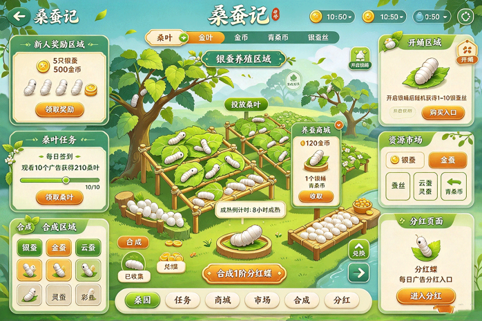 桑蚕记开启养蚕新玩法!送5只银蚕,养蚕收蛹还能合成分荭蝶!