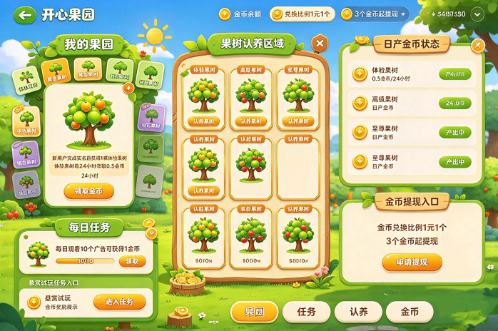 开心果园!体验果树免费领,看广告、做试玩任务!