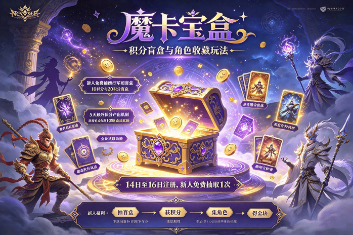 魔卡宝盒新人福利来了!免费抽西行军团盲盒,还有积分盲盒与金块奖励