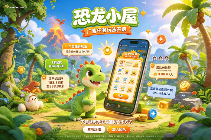 恐龙小屋开启广告任务玩法,1米起提,团队扶持同步推出!