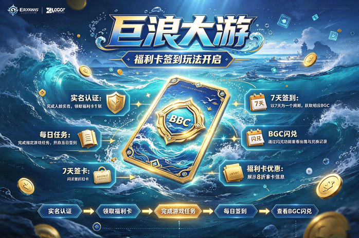 巨浪大游福利卡玩法上线!免费领卡,7天签到获取BGC