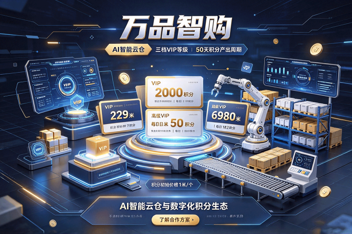万品智购推出AI智能云仓!三档VIP升级,50天积分产出玩法一览
