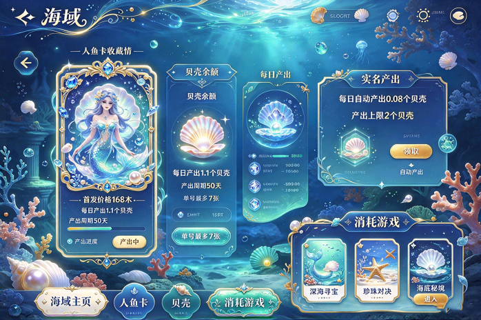 海域开启内测!人鱼卡每日产贝壳,50天周期还有实名产出玩法!
