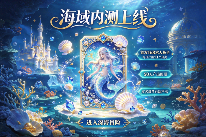 海域开启内测!人鱼卡每日产贝壳,50天周期还有实名产出玩法!