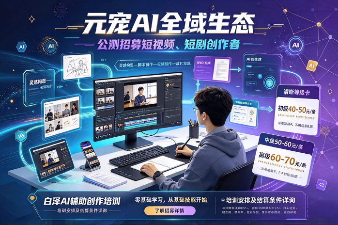 元宠AI公测招募创作者!短视频、短剧内容培训开启,单条创作报酬40-70