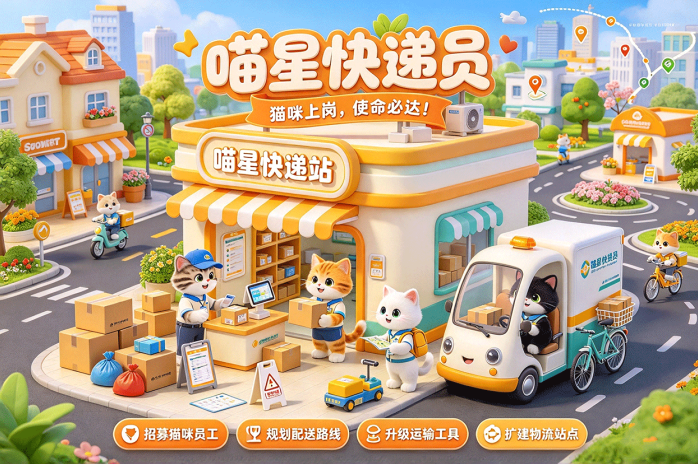 喵星快递员:猫咪员工上岗送快递!规划配送路线,升级车队打造萌宠物流站