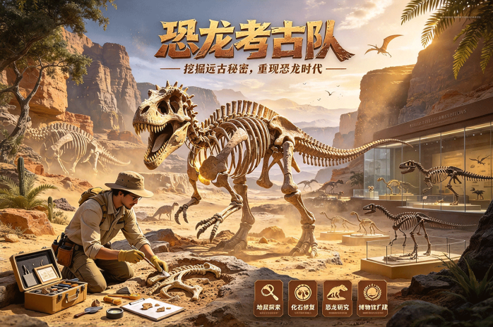 恐龙考古队深入远古地层挖掘化石!拼出完整恐龙骨架,打造专属自然博物馆