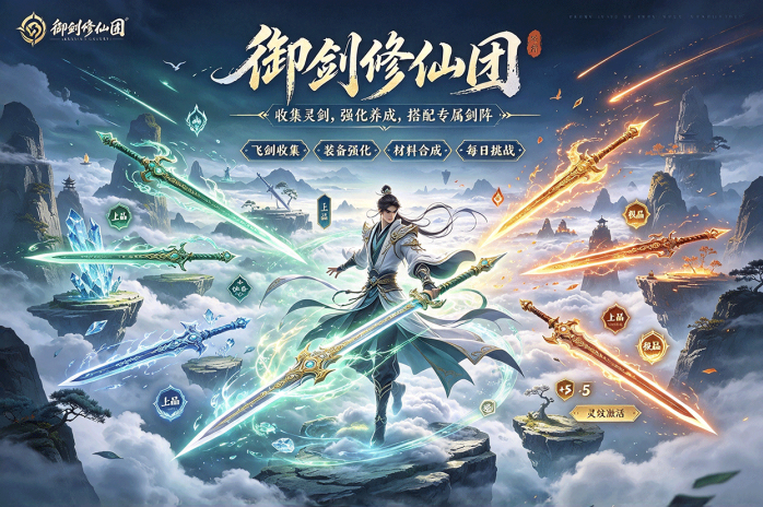 御剑修仙团开启飞剑养成玩法!不同品质自由收集,强化合成提升战力!