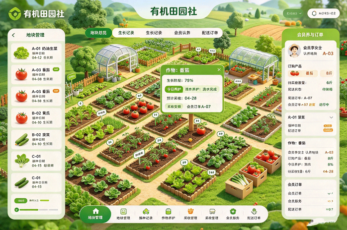 有机田园社认养一块自己的菜地!从播种、生长记录到采收配送,把农场日常装进手机里