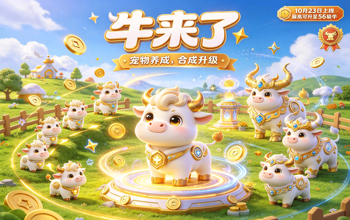 牛来了宠物合成玩法!从1级牛开始养成,牛豆可升级!