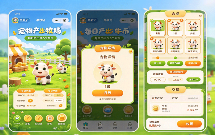 牛来了宠物合成玩法!从1级牛开始养成,牛豆可升级!